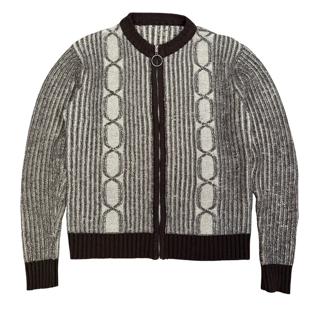 Vintage 1970s Zip Up Cardigan Sweater Men’s M Brown Cream Acrylic Knit Retro